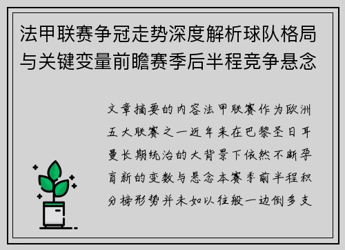 法甲联赛争冠走势深度解析球队格局与关键变量前瞻赛季后半程竞争悬念